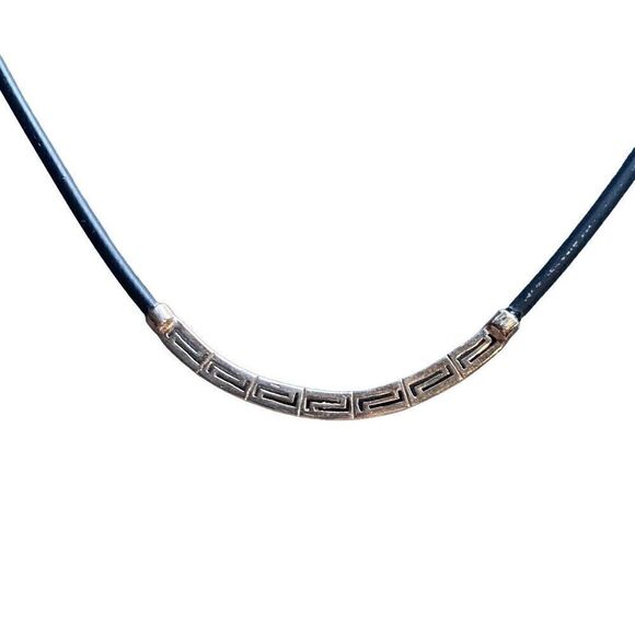 Greek Key sterling silver choker on a black rubber cord silver clasp marked - Picture 3 of 7
